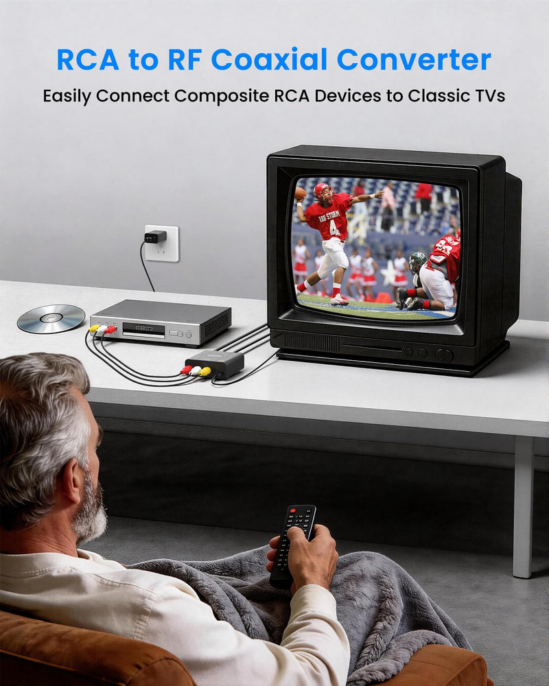 RF Modulator for TV, RCA to RF Coaxial Adapter with 3.3ft RCA Cable | Channel 3/4 Switch for VHS/VCR/DVD Players Game Consoles, Converts AV Composite Video to Analog NTSC (Dark Grey) Dark Grey