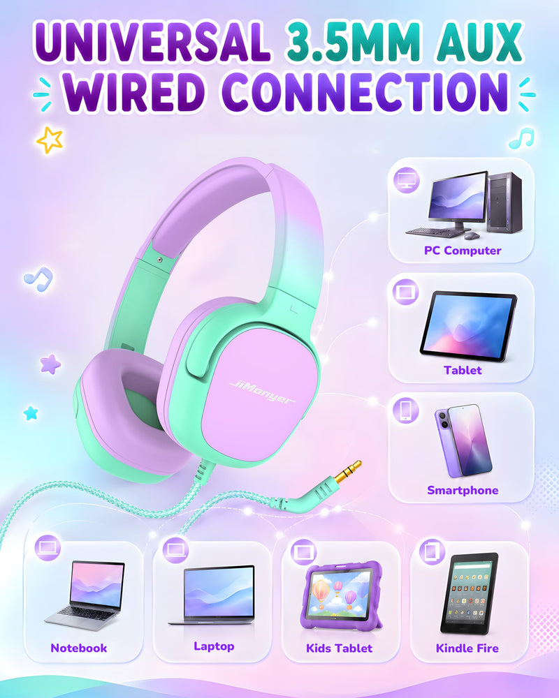 Kids Headphones with Safe Volume Limited for School Travel (GreenPurple) | 3.5mm Wired, Foldable, Stereo Sound On-Ear Headset for iPad Computer Boys Girls GreenPurple