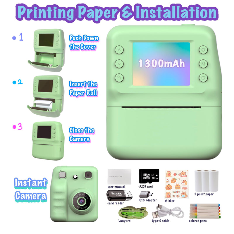 Kids Instant Print Camera for Girls Boys Christmas Birthday Gift (Green) | Digital Camera with 1080p Videos, Print Paper and 32GB Card, Portable Travel Cameras Toy for 3, 4, 5-12 Year Old Girls Boy Green