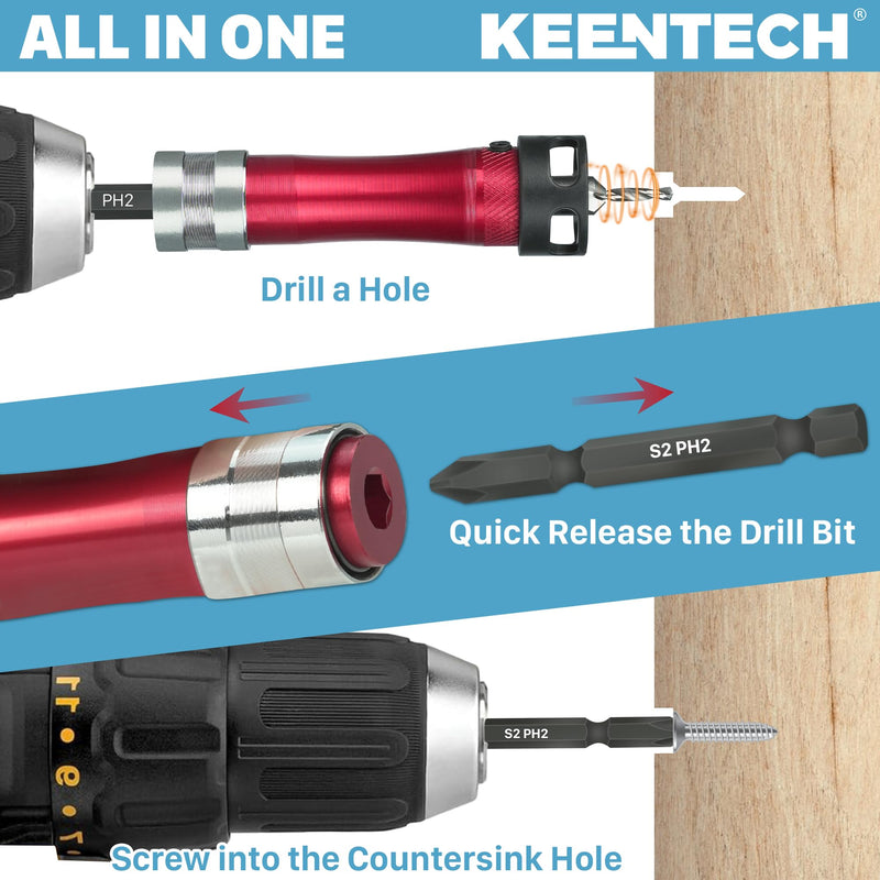 KEENTECH 10-in-1 Countersink Drill Bit Set with A Screwdriver Bit, 2.8/3.2/3.5/4.0 mm Drill Dia x 8/10 mm Countersink Dia, M2 HSS Countersink Bits for #4-#10 Screws, Chamfer Tool Includ Countersink Bits with Ph Bit