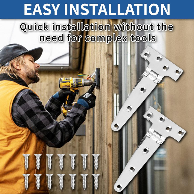 TamBee 4 Pcs 6 Inch Stainless Steel Hinges Barn Door Hinges Heavy Duty T-Strap Hinge Outdoor Wooden Fences Gate Shed Door Tee Hinge with Screws Silver