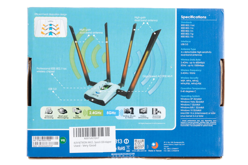 ALFA AC1900 WiFi Adapter - 1900 Mbps 802.11ac Long-Range Dual Band USB 3.0 Wi-Fi Network Adapter w/4x 5dBi External Dual-Band Antennas, TAA Compliant