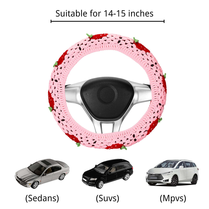Crochet Steering Wheel Cover Set,Cute Car Steering Wheel Cover Boho 14-15in,Pink Strawberry Granny Square Pattern,Hippie Women Car Accessories (A Wheel Cover) A Wheel Cover
