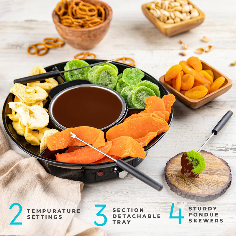 Kusini Electric Fondue Pot Set - Chocolate Fondue Kit - Temperature Control, Detachable Serving Trays, & 4 Roasting Forks - Gift Set & Date Night Idea. Serve at Movie Night or Game Night. Black