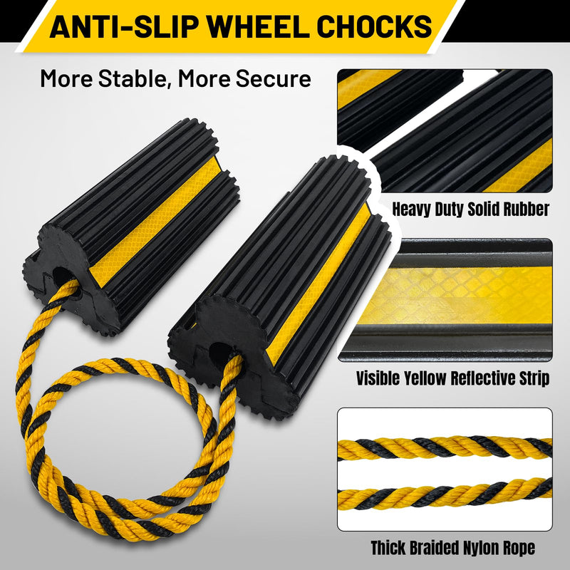 ROBLOCK 2 Pairs Wheel Chocks Heavy-Duty Rubber Wheel Block Non-Slip Base with Nylon Rope Yellow Reflective Tape - 4 Pack Wheel Stopper for Travel Trailers, Car, Camper, Truck, Black 4pack