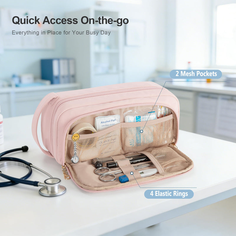Trunab Stethoscope Case Compatible with 3M Littmann/MDF/ADC, Hold Two Stethoscopes or BP Cuffs, with Inner Dividers and Mesh Pockets for Extra Accessories, for Nurses, Doctors- Bag Only Pink