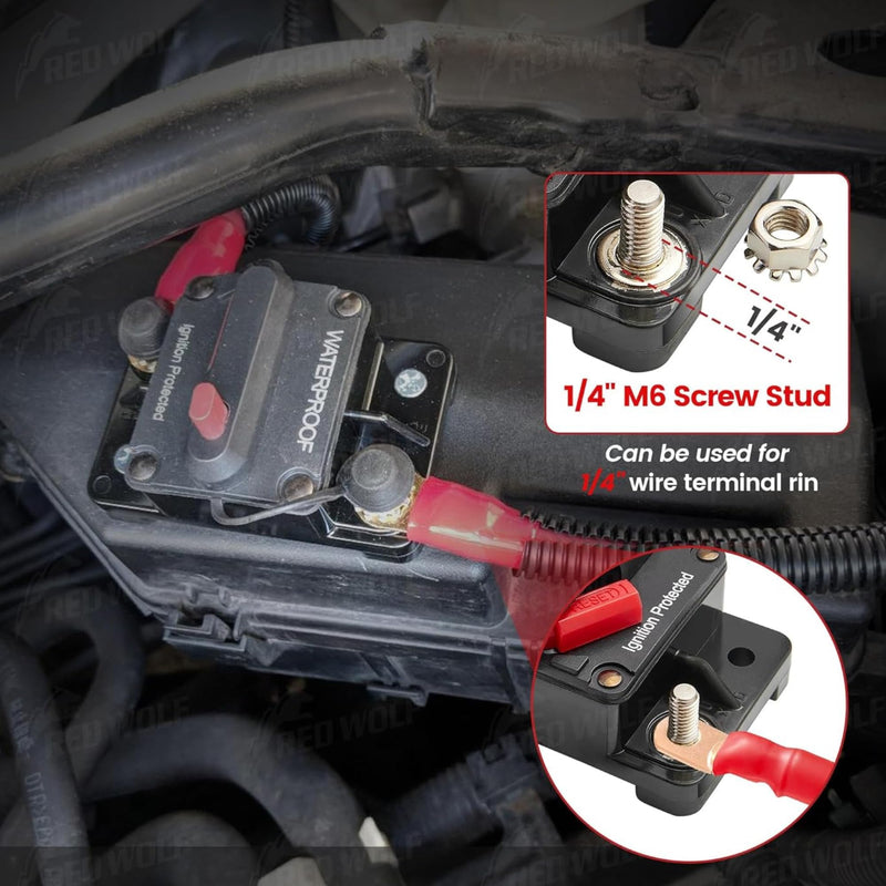 RED WOLF 40 AMP Car Circuit Breaker w/Manual Reset Switch Inline Fuse Holder Inverter for Motor Trolling Vehicles Audio Radio Solar System Protection 12V-48V DC with Wire Lugs Copper Washer Screws