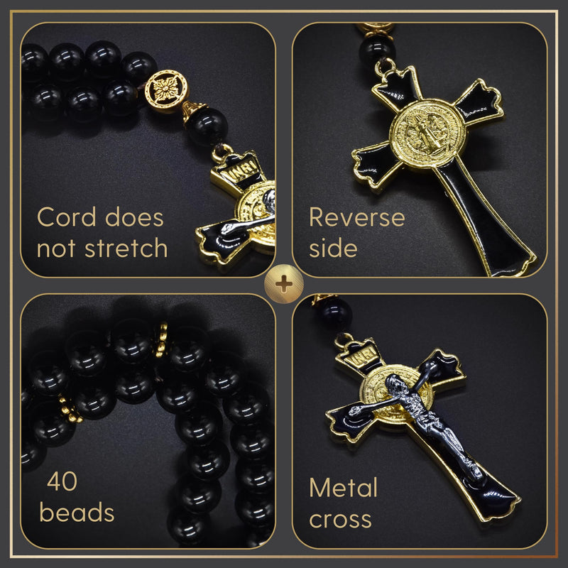 Car Rosary for Rearview Vehicle Mirror, Rosary Beads Catholic for Women, Black Rosary for Men, Cross for Car Mirror Hanging, Medal Cross Saint Benedict Rosary for Car & Truck - Christian Gift 40 Beads
