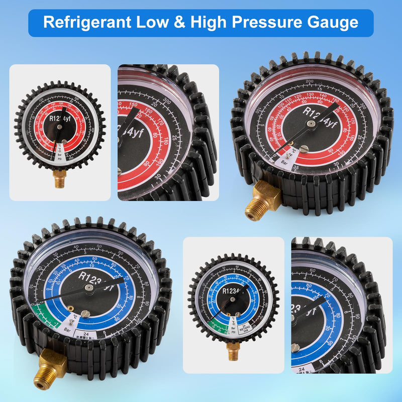 R1234YF Refrigeration Pressure Gauge, High and Low Manifold Gauge Kit with 1/8" Male NPT Lower Mount, 500 PSI, 80mm R1234YF Air Conditioning Refrigerant Recharge Pressure Gauge