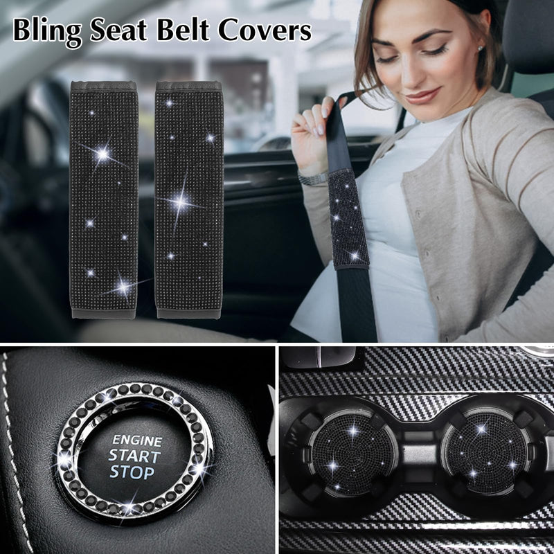 ARTILAURA 11 PCS Bling Car Accessories Set for Women Steering Wheel Covers Butterfly Hanging Seat Belt Cover Air Vent Clips Coasters Cute Glitter Diamond AUTO Accessories Kit (Black) Black