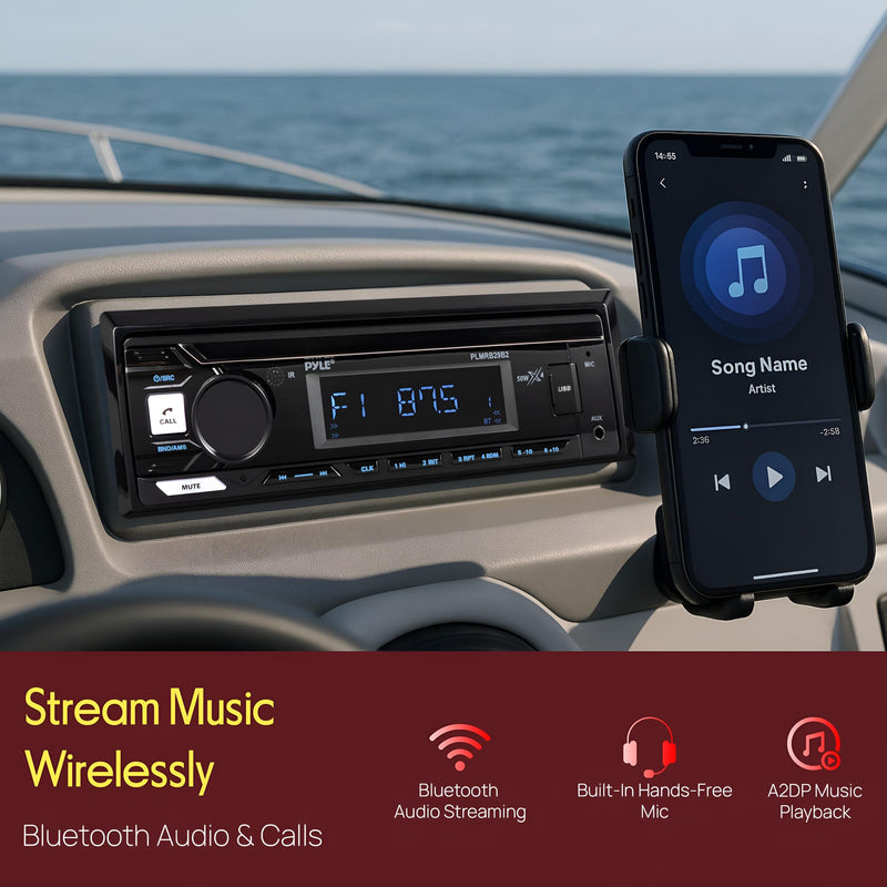 Pyle Marine Bluetooth Stereo Radio - 12v Single DIN Style Boat In dash Radio Receiver System with Built-in Mic, Digital LCD, RCA, MP3, USB, AM FM Radio - Remote Control - PLMRB29B (Black) Black