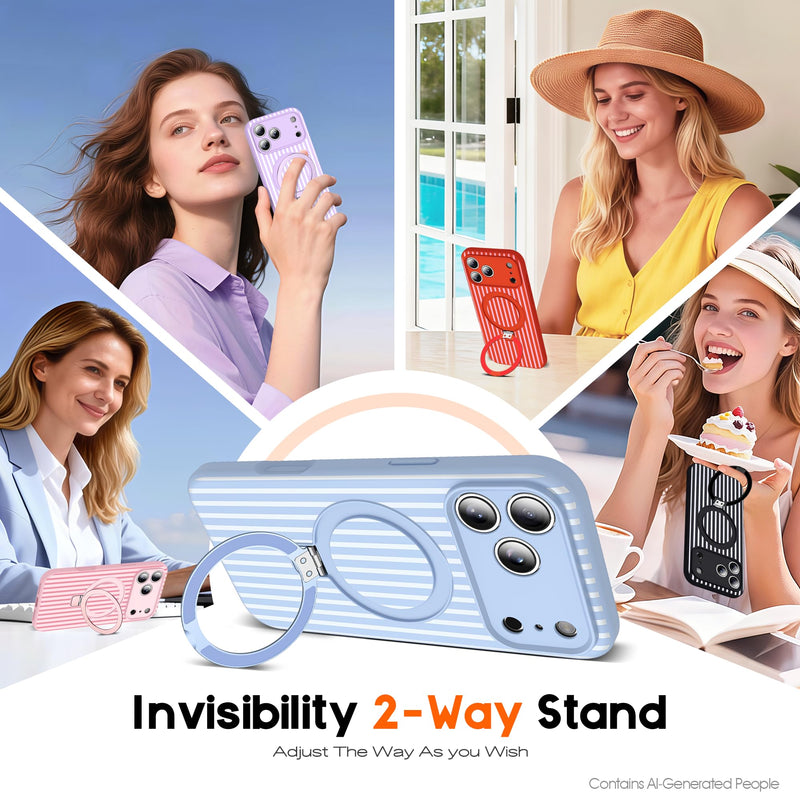 SKYLMW Striped Case for iPhone 17 Pro with Stand,6.3" Blue/White | Aesthetic Striped,Magnetic Stand,Compatible with Mag-Safe,Silicone 17 Pro Phone Case