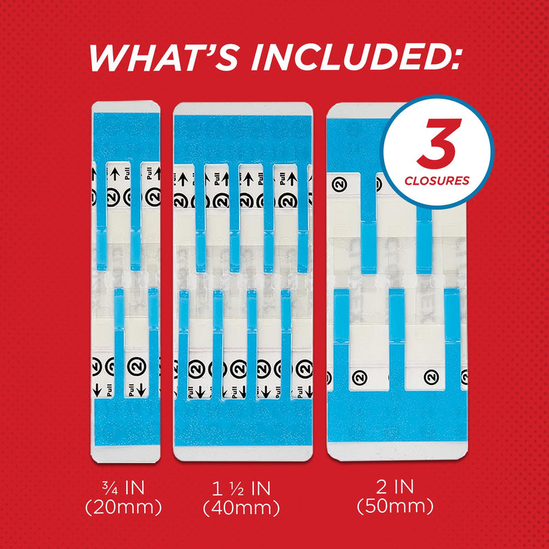 Clozex Emergency Laceration Closures - Repair Wounds Without Stitches, Skin Closure Device for 3 Individual Wounds Or Combine for Total Length of 4 1/4 Inches 3 Closures- 3/4", 1 1/2", 2"