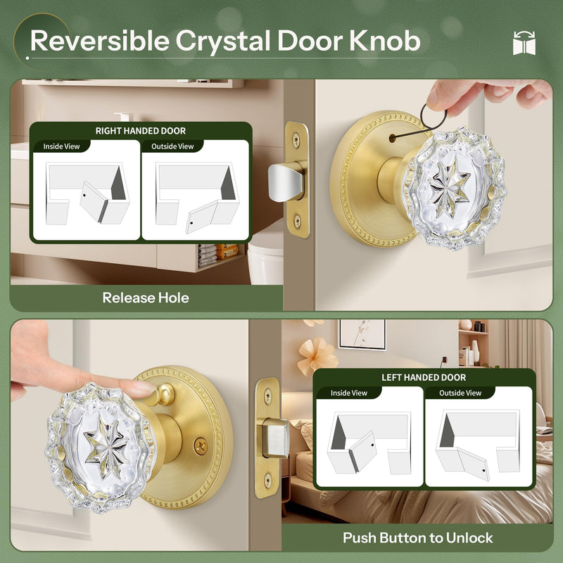Moquin Modern Gold Interior Crystal Door Knob with Lock (No Key), Privacy Glass Door Knob with Privacy Button for Bathroom, Bedroom or Closet, Satin Brass Epiphyllum+Round with Bead Cover (Satin Brass)
