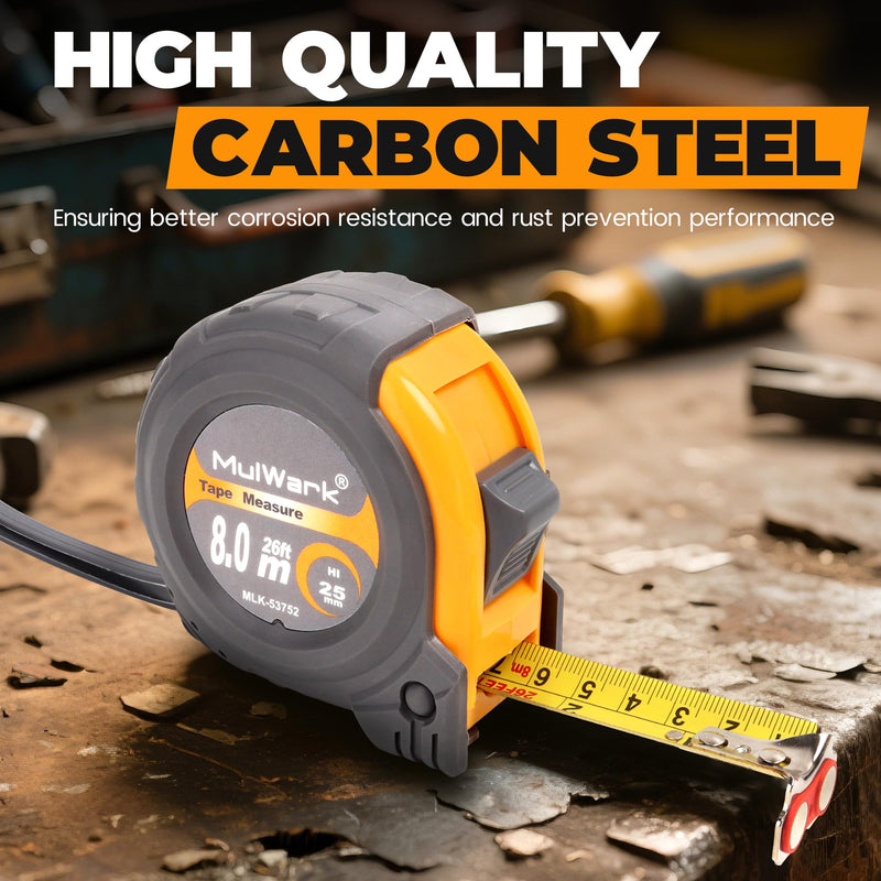 MulWark 2 Pack Metric Tape Measure, Easy Read Measuring Tape Retractable with Fractions 1/8, Both-Side Metal Blade, Magnetic Hook & Shockproof Case for Construction, Carpenter, Architect, Woodworking 26 ft Yellow-Grey