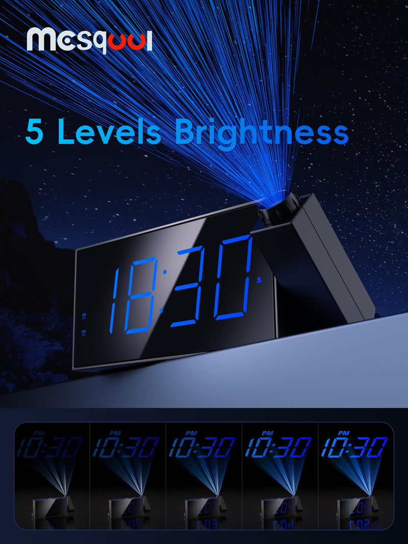 Mesqool Projection Alarm Clock, Loud Vibrating Alarm Clock for Heavy Sleepers, Adjustable Projection Brightness,Hearing Impaired & Deaf People, Digital Alarm Clock with USB Charging Port with Projection & Bed Shaker Blue Digits; Blue Projection