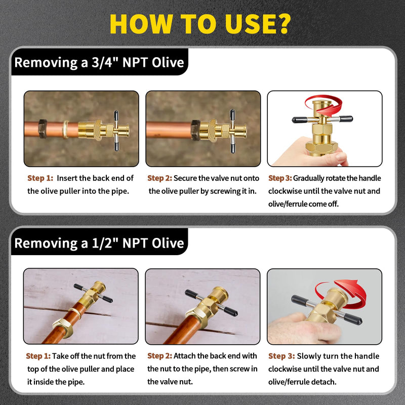 Olive Remover Puller for NPT 1/2 Inch and 3/4 Inch Compression Sleeve Puller Tool, Not Damage The Brass Pipe,Professional Plumber Ring Removal Tool Ferrule Puller NPT 1/2" & NPT 3/4"