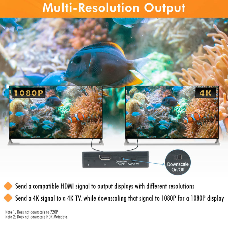 HDMI Splitter 1 in 2 Out 4K 60Hz Multi-Resolution Output (MRO) by J-Tech Digital HDMI 2.0 Splitter Supports Downscale HDR HDR10 / Dolby Vision 4K@60Hz 4:4:4 HDCP2.3 2.2 (JTECH-4KSP2) 4K 1x2 4:4:4