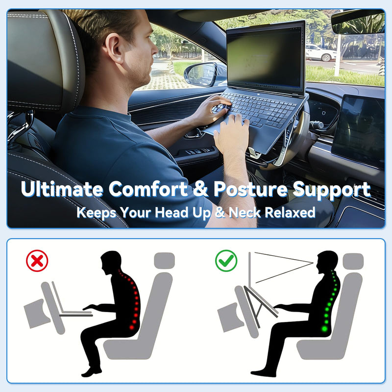 Car Laptop Mount steering Wheel Tray Holder, Height Adjustable Car Desk for Laptop iPad Computer Tablet, Foldable Portable Lap Laptop Stand for Car Vehicle Workstation for Truck SUV Tesla Motorhome Siliver