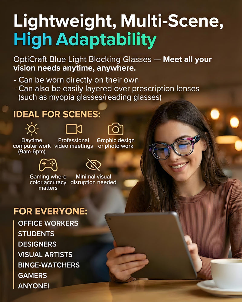 OptiCraft Blue Light Blocking Glasses Wear Over Prescription | Alleviate Eye Strain & Reduce Headaches, Round Lightweight Oversized Design, Ideal for Office Work and Daily Use A01 Floral / Clear