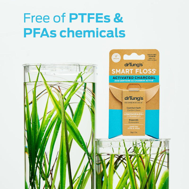 DrTung's Vegan Activated Charcoal Floss - Natural PTFE & PFAS Free Dental Floss, Gentle on Gums, Expands & Stretches, BPA Free - Lemongrass Flavor (Pack of 6) 90 Foot (Pack of 6)