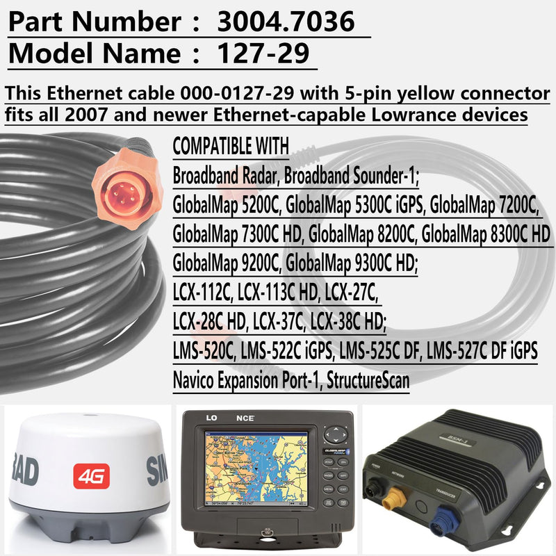 Bonbo 127-29 ‎Replacement for Lowrance Ethext-15Yl Ethernet Cable ‎3004.7036 ，15-Feet 15FT