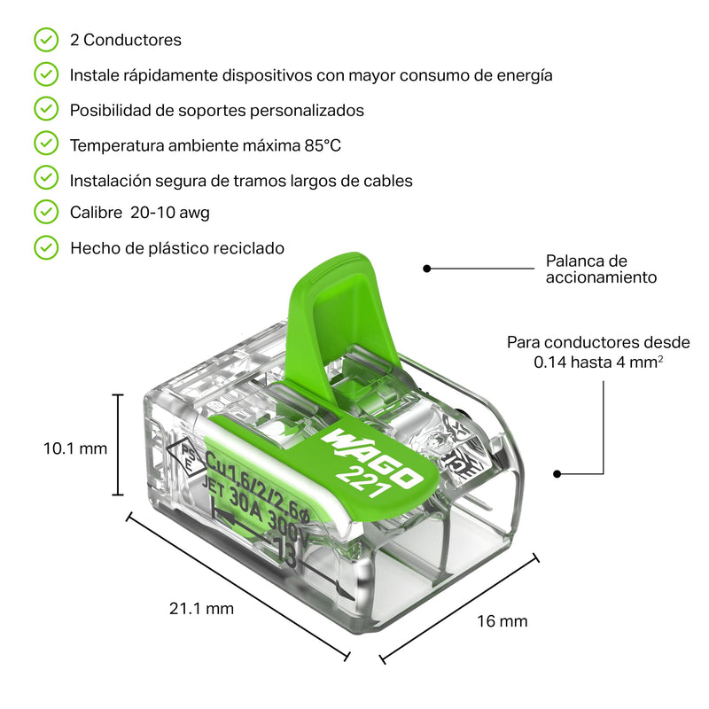 221-422 | WAGO Splicing Connector Green Range | for Solid, Stranded and fine-Stranded Conductors | 2-Conductor with levers | 24-12 AWG | Transparent housing | [100 pcs Box]