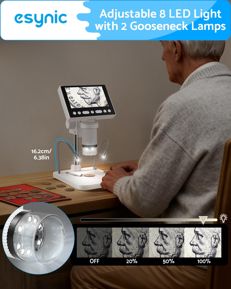eSynic 1080P HD Digital Coin Microscope-4.5" LCD Screen with Adjustable 1000X Magnification-USB-C Rechargeable Coin Magnifier Microscope Camera with 32GB Card & 10 LED Lights-Windows/Mac Compatible