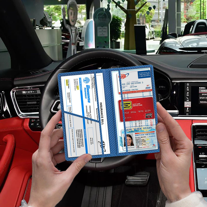 TOURSUIT Car Registration and Insurance Card Holder, Vehicle License Document Glove Box Compartment Organizer, Essential Car Wallet Case for Driver Auto Owners (Carbon Blue) Carbon Blue
