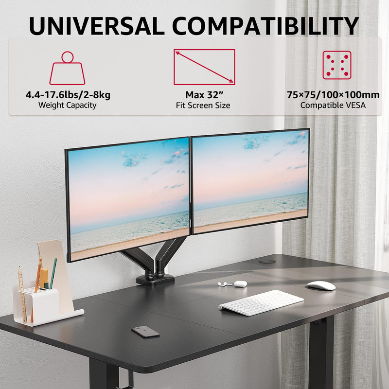 Redragon GMK915 Dual Monitor Mount Stand - Gas Spring Adjustable Arms with VESA 75/100mm, 13-32 Inch Screen Compatibility, C Clamp & Grommet Base, Cable Management, 17.6lbs Load Capacity Up to 32" Screens