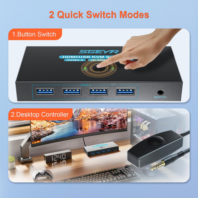 SGEYR USB 3.0 HDMI KVM Switch 1 Monitors 2 Computers,KVM Switch 2 Port HDMI 4K@60HzKVM Switches for 2 Computers Sharing Monitor Keyboard Mouse Hard Drives Printer, 2USB Cable and Controller