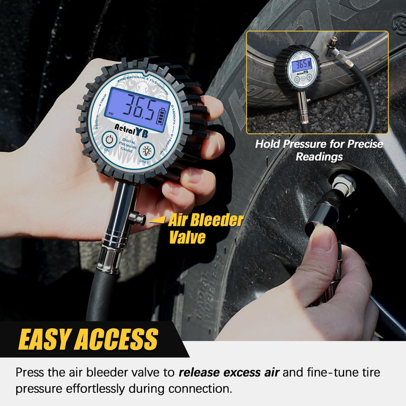 Digital Tire Pressure Gauge with 200 PSI - Heavy Duty Air Chuck, Reinforced Rubber Hose, Professional Accuracy, and LED Backlight 45° Air Chuck