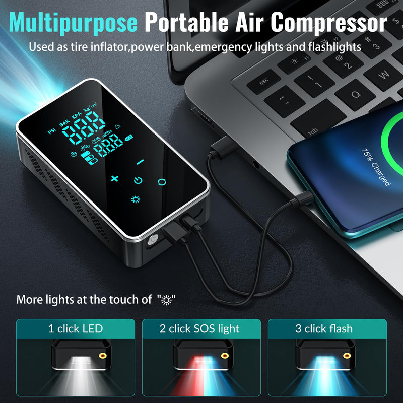 Tire Inflator Portable Air Compressor-150PSI Air Pump for Car, Bike Pump Touch Screen/Gauge/Light, Tire Pump 3X Faster Inflation with Tire Pressure Gauge for Motorcycle, Bike, Ball Black Green