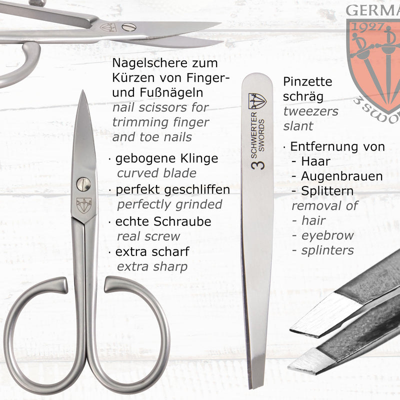  [AUSTRALIA] - 3 Swords Germany - brand quality 3 piece stainless steel INOX manicure pedicure grooming kit set for professional finger & toe nail care scissors file tweezers genuine leather case in gift box (03874) BROWN