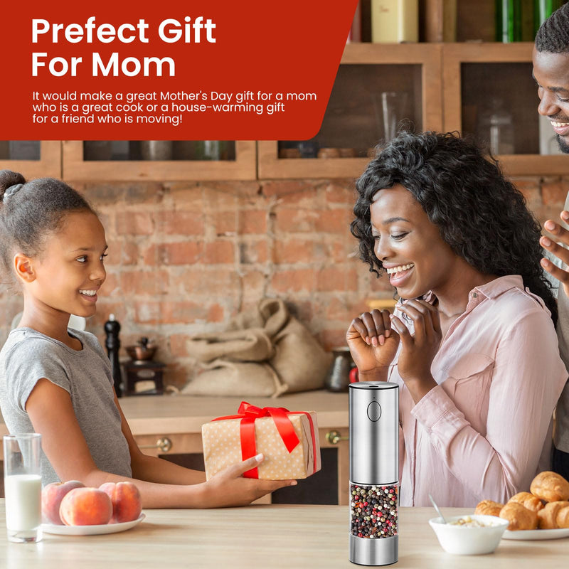 Electric Salt and Pepper Grinder Rechargeable with Light, Electric Salt and Pepper Shakers, Automatic & Adjustable Coarseness, Kitchen Gadgets, Stainless Steel Silver