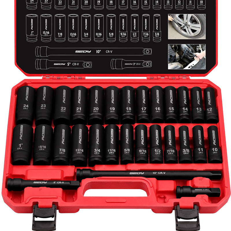 29-Piece 1/2" Drive Impact Socket Set, SAE (3/8 to 1 inch) and Metric (10-24mm) Sizes with Extension Bars Standard Deep Socket Set CR-V Material High Durability Impact Wrench 1/2--29PCS
