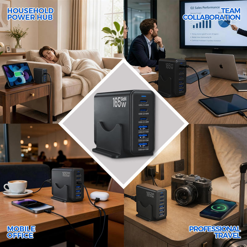 165W GaN Charging Station, 6-Port USB C & USB A Charger, Black | 6-Port USB Charging Station, 3x40W USB-C + 3x15W USB-A, Compatible with iPhone, Galaxy, iPad, Home Office, Travel and More