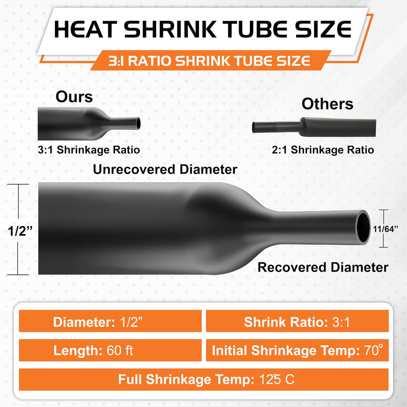 1/2" Heat Shrink tubing, 3:1 Ratio Wire Heat Shrink Tubing Industrial and Marine Grade, Dual Wall Adhesive Lined Wire Shrink Wrap Tubing, Waterproof Heat Shrink Tube - Black, 60 Feet Roll 1/2" - 60 Feet 3:1 - Black - Large