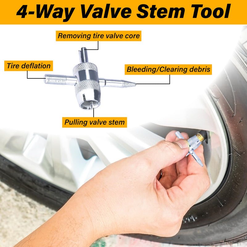 2 PCS Tire Valve Stem Removal Tool with 20 PCS Valve Cores, 10 PCS Tire Valves Caps, 1 PCS 4-Way Valves Tool, Car Accessories Tires Repair Tools Universal for All Cars (33 PCS)