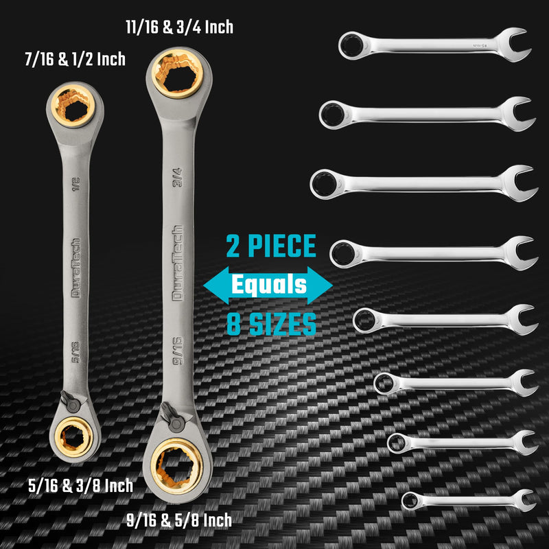 DURATECH Anti-slip 4-in-1 Reversible Ratcheting Box Wrench Set, Double Box End, SAE, 2-Piece, 5/16, 3/8, 7/16, 1/2 & 9/16, 5/8, 11/16, 3/4-Inch, CR-V Steel, Nickel Plated, with Rolling Pouch Anti-slip & SAE