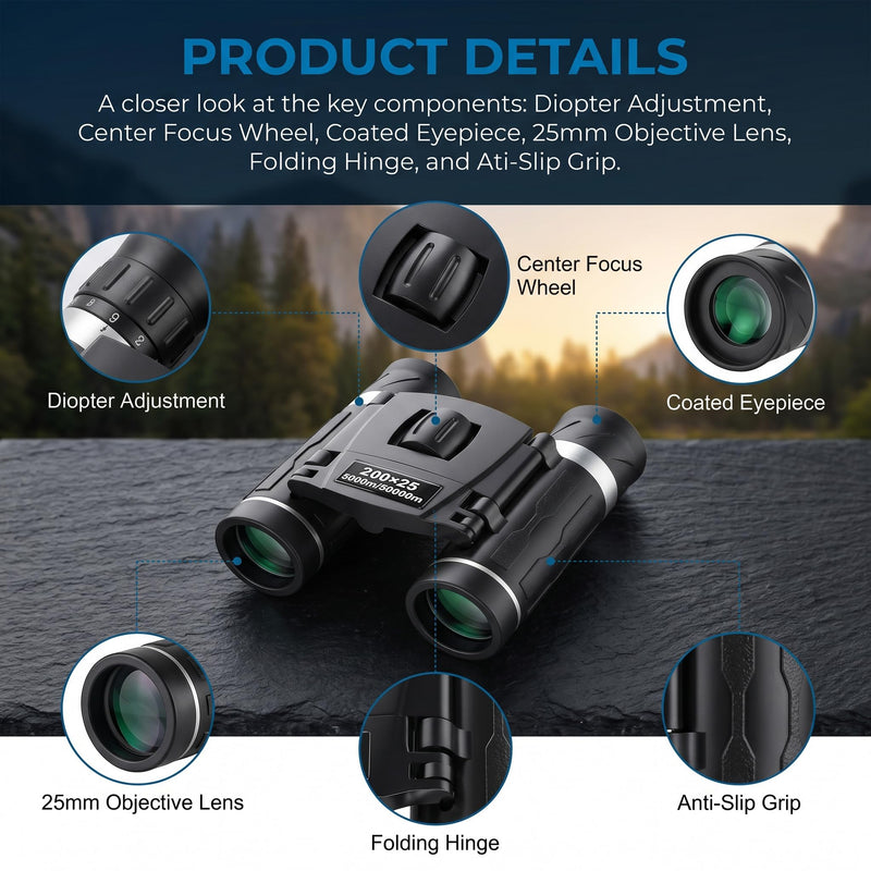 200x25 Compact Binoculars for All Ages – High-Powered Mini HD Optics | Waterproof, fog-proof, durable rubber, for bird watching, hunting, travel, concerts, sightseeing, camping, hiking, outdoor