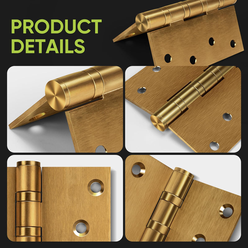 3 Pack Ball Bearing Door Hinges,4in x 4in Door Hinges,Heavy Duty Stainless Steel Door Hinges for Exterior & Interior Doors,Smooth and Quiet, Non Removable Pin (Brass) Brass 3