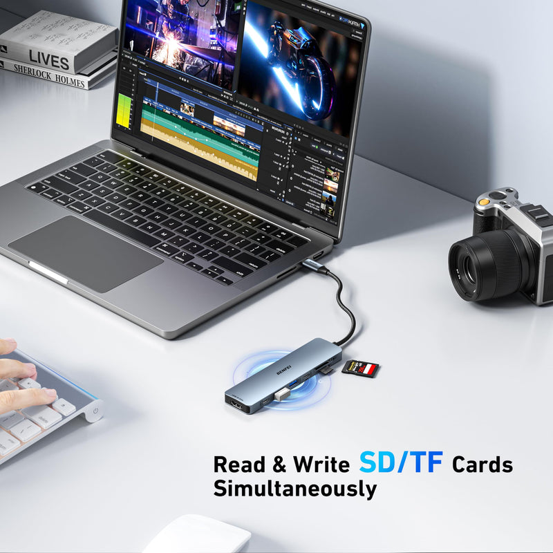 BENFEI 7-in-1 USB C Hub with HDMI(4K@60Hz), 2 USB-A, 1 USB-C Data, 100W Charge, SD/TF Card Reader, Silicone Tangle-Free Cable Compatible with MacBook Pro/Air, iPad Pro, iMac, iPhone 15 Pro/Pro Max Grey