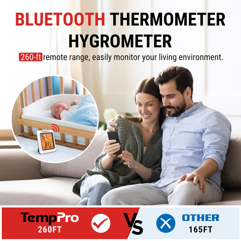 TempPro Hygrometer Thermometer for House, Bluetooth Room Indoor Greenhouse Thermometer Monitor Up to 260FT, Backlit Humidity Meter Temperature Sensor with 2-Year Data Export,2 PS(Previously ThermoPro)