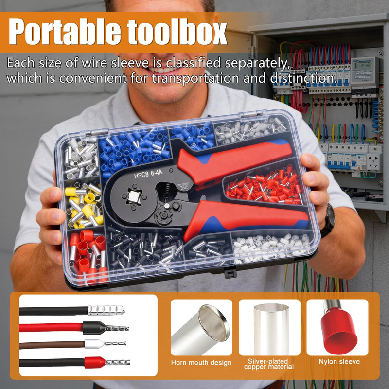 mankk Ferrule Crimping Tool Kit 1500PCS 11 Sizes Wire Ends Ferrules Kit with AWG23-7 Ratchet Pliers for Electricians, Automotive & DIY Electrical Work 1500PCS+Tool