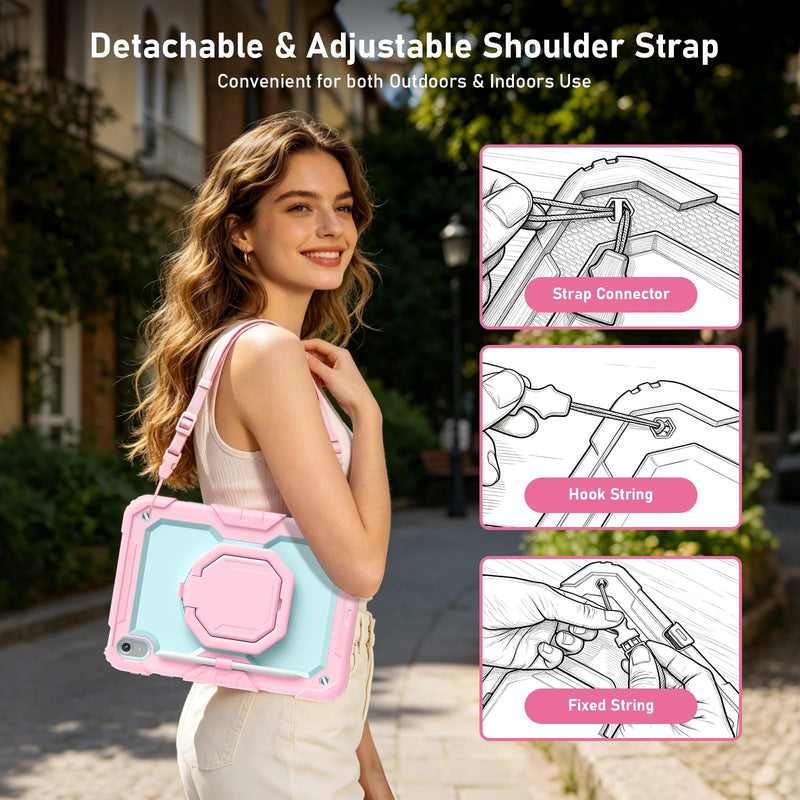 Case for iPad (A16) 11th/10th Generation 11"/10.9" 2025/2022, Pink Mint | Full-body Heavy Duty iPad A16 Case for Adults Kids with Screen Protector, 360° Rotating Stand, Shoulder Strap, Pencil Holder Pink+Mint