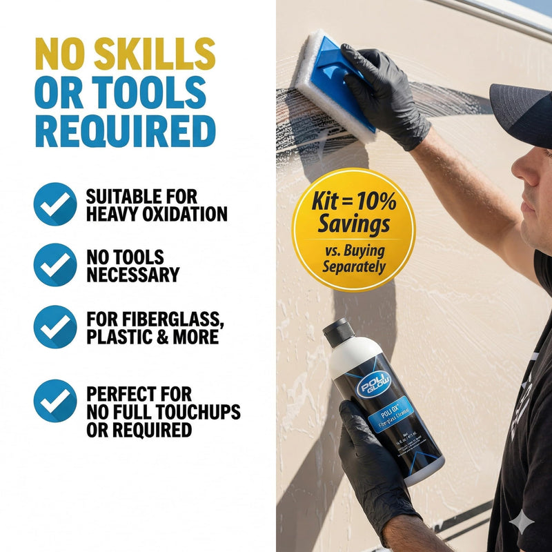 Poli Ox® Oxidation Removal Kit for Boats, RVs, or Fiberglass Surfaces–Removes Heavy Oxidation, Stains & Grime–Safe on Fiberglass, Gelcoat, Vinyl Decals: Includes 16 oz Cleaner, Scrub Pad & Sanding Pad Liquid Ox