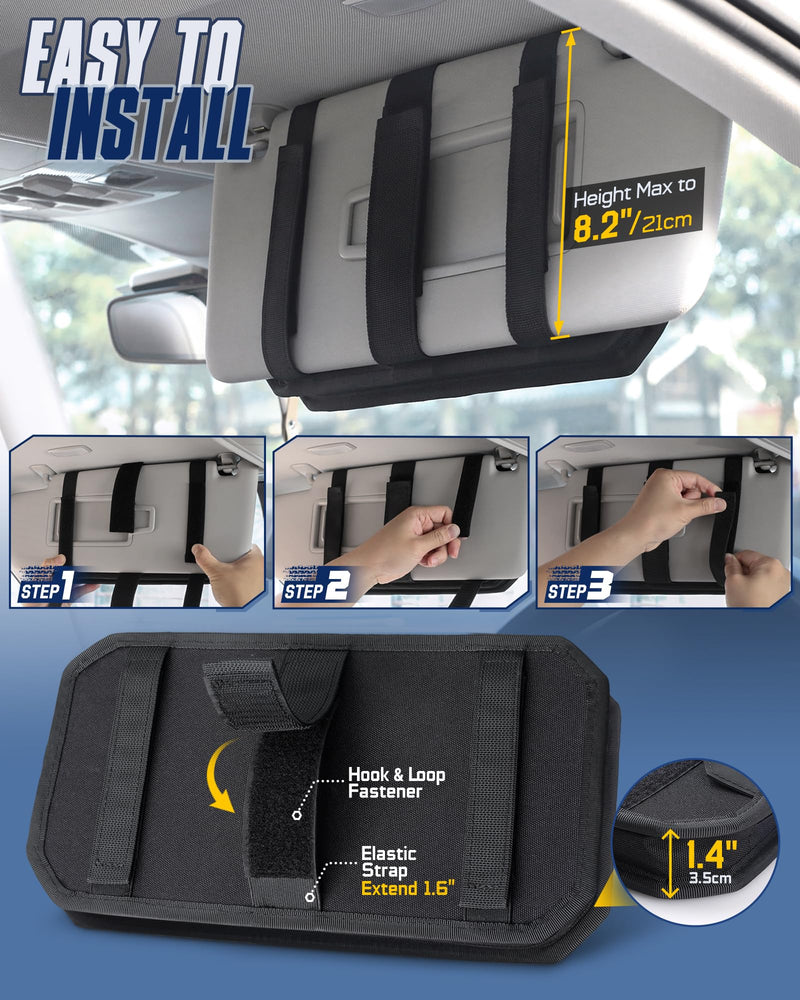 WYNEX Molle Car Sun Visor Organizer, Original Design Car Accessories with Zipper Visor Storage Pouch & Glasses Clip, Semi-Rigid Molle Panel for Tactical Gears, Fits Most Vehicles, SUVs, Trucks Black