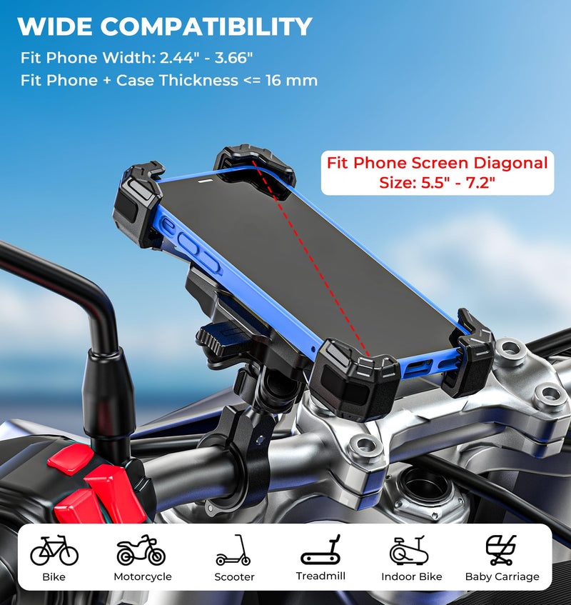 Motorcycle Phone Mount with Vibration Dampener, 1s Lock Bike Phone Holder with Aluminum Alloy Handlebar Mounting Base, One-Handed Operation Motorcycle Cellphone Mount for 5.5"-7.2" Smartphone