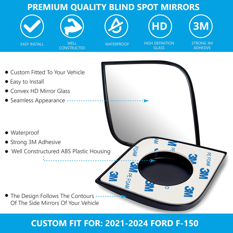 Convex Stick On Custom Fitted Blind Spot Mirrors Compatible With 2021-2025 Ford F-150 F150- Engineered to Provide A Wider View